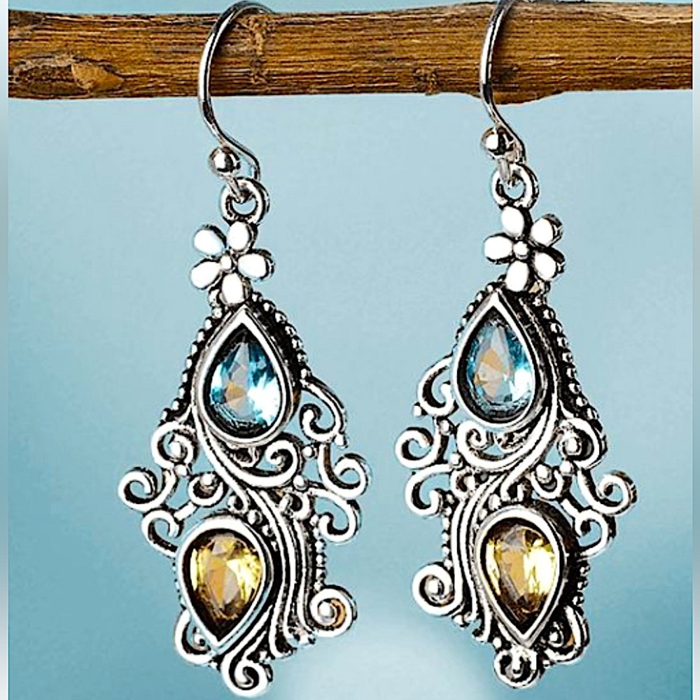 Vintage Blue Amber Crystal Earrings Silver Dangle Handmade